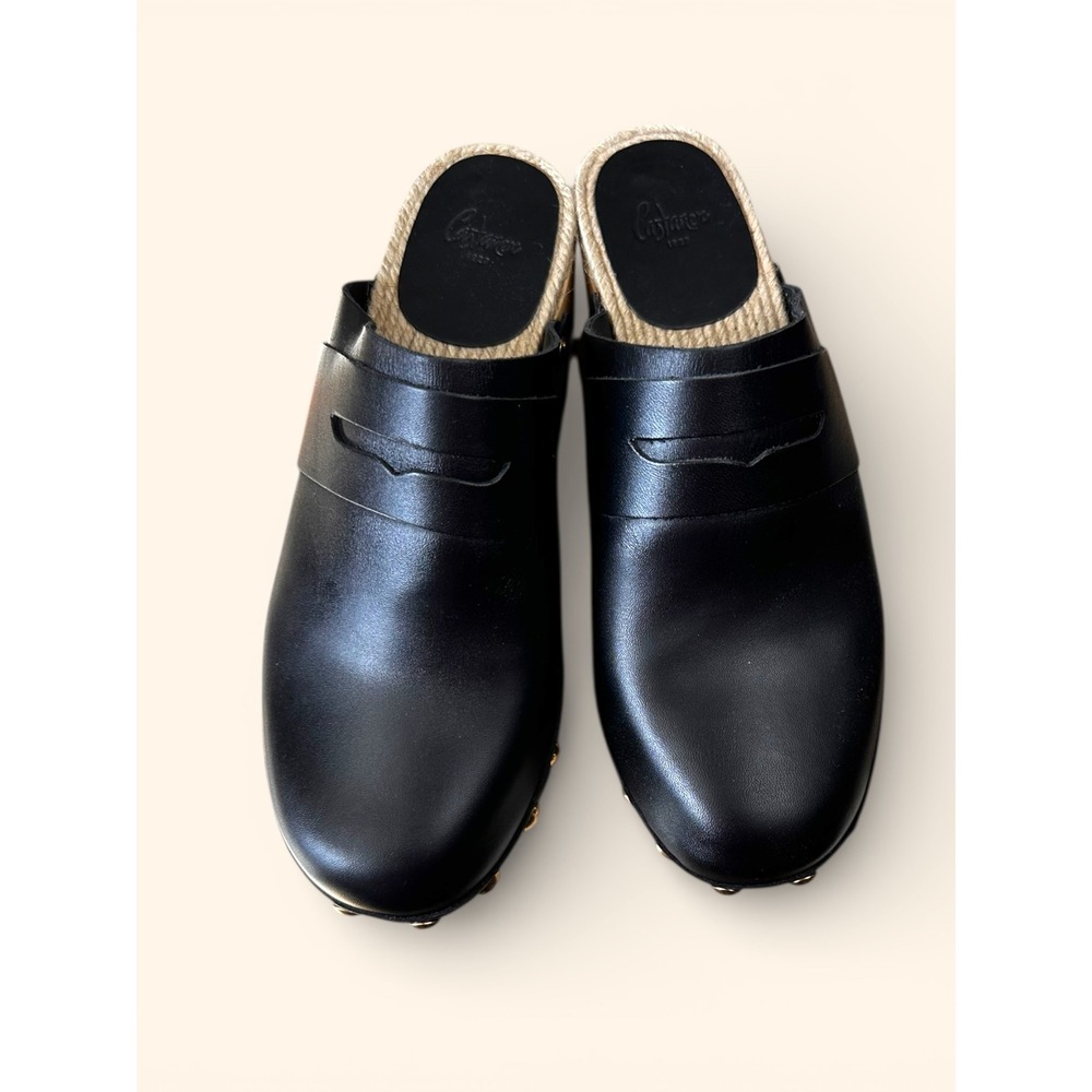Castaner NWOB Black Leather Studded Espadrille Clogs‎ Wedge Mules Womens 38